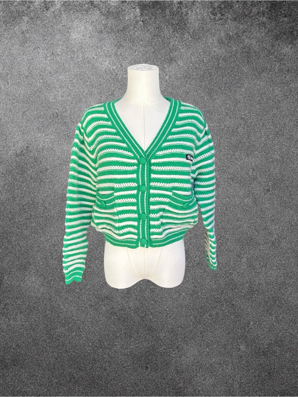 Green & White Striped V-Neck Button Cardigan Sweater